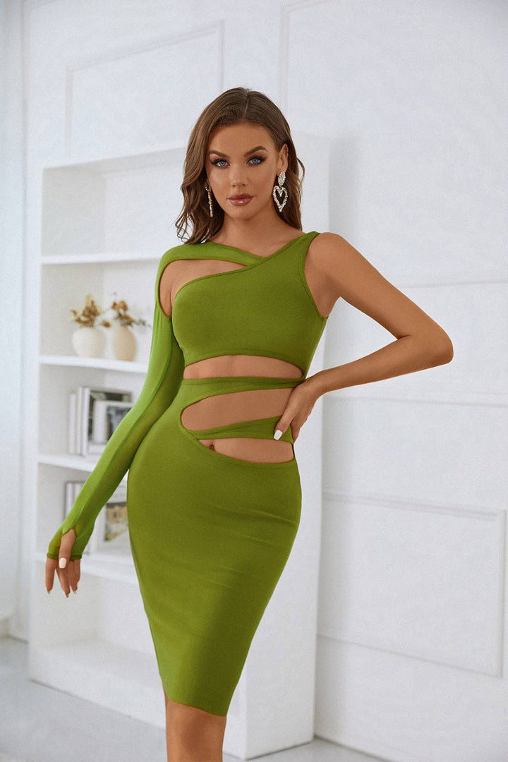 Sesidy Tim Asymmetric Cut Out Midi Dress in Green