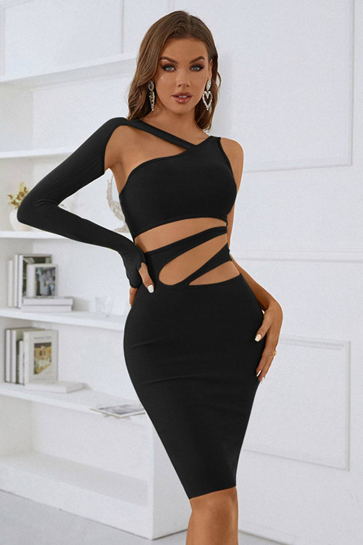 Sesidy Tim Asymmetric Cut Out Midi Dress in Black