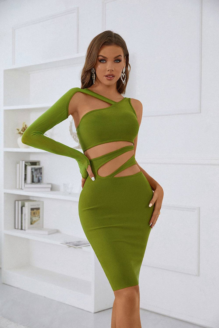 Sesidy Tim Asymmetric Cut Out Midi Dress in Green